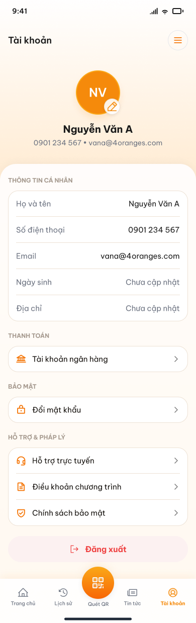 4Oranges account screen