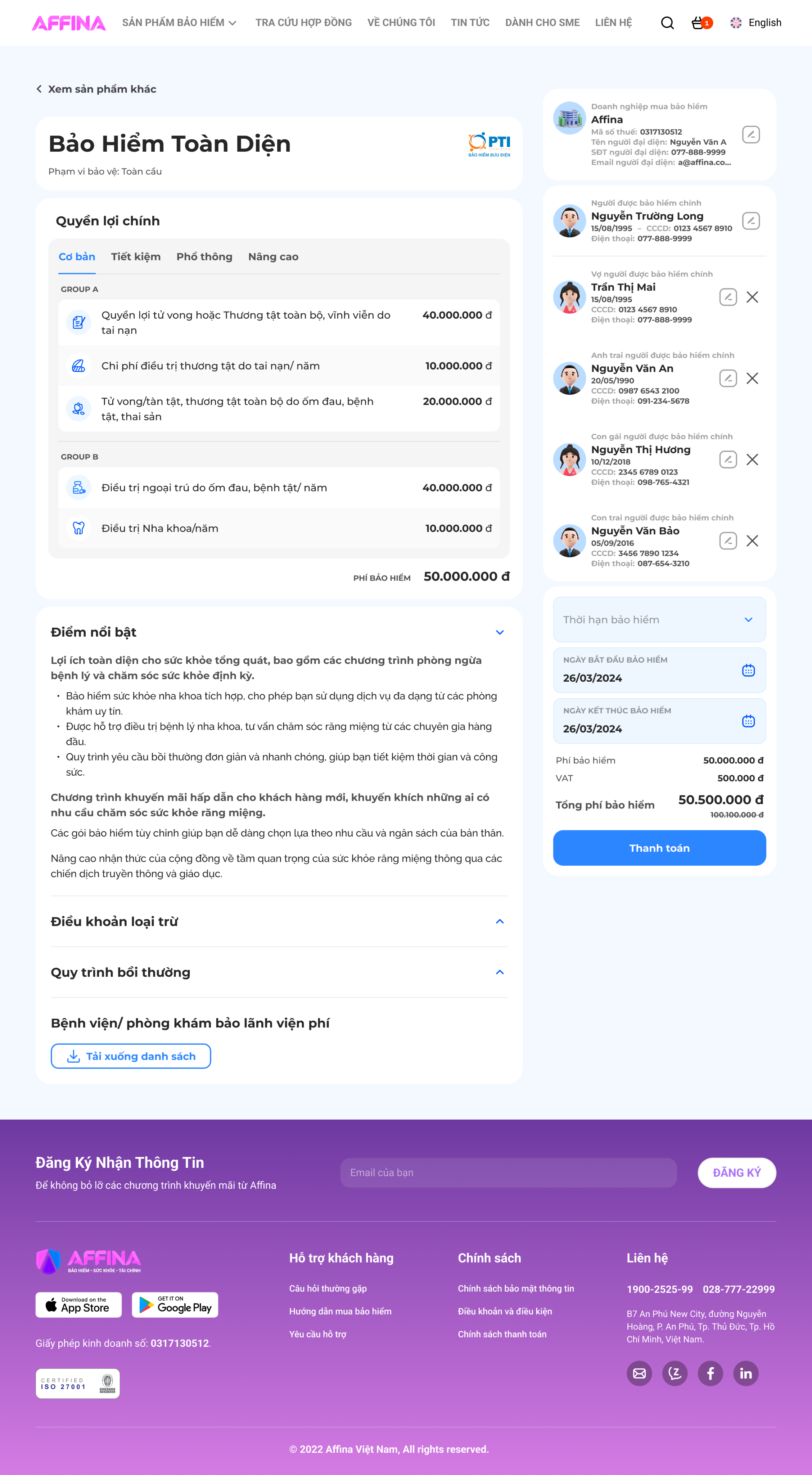 Affina web insurance purchase screen