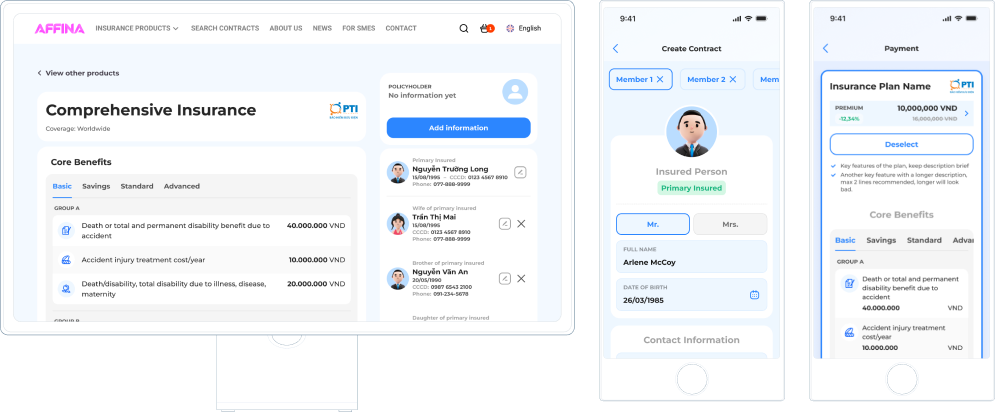 Affina partner insurance purchase flow shown on desktop and mobile devices