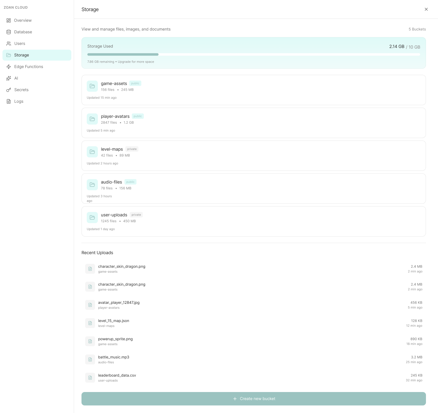 Zoan Cloud storage dashboard
