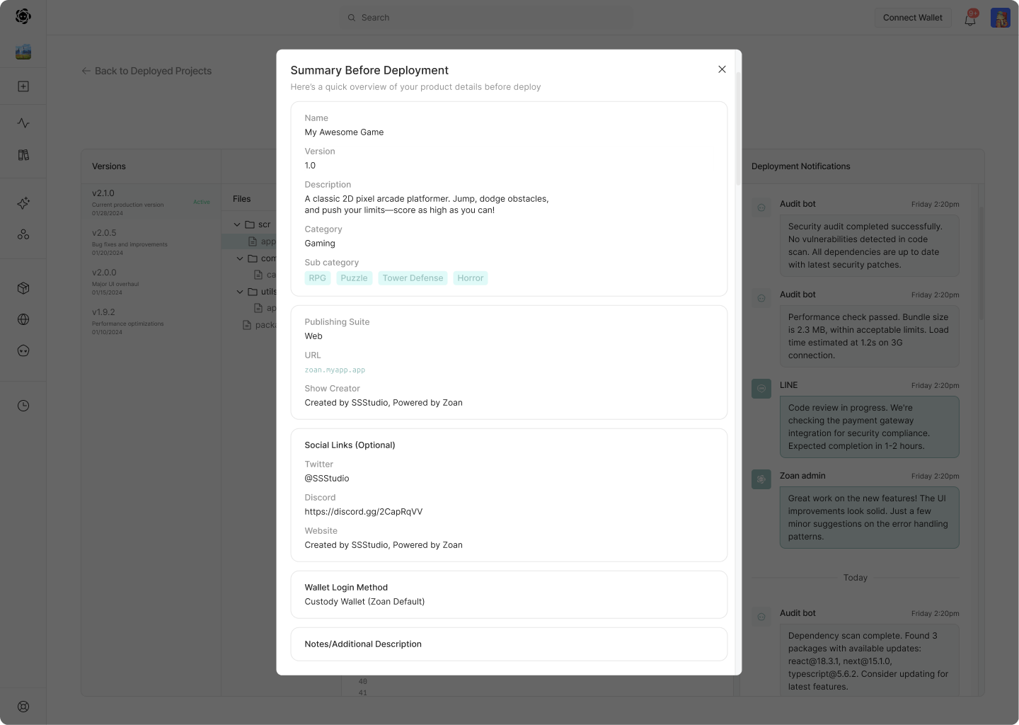 Zoan deployed project summary and version history