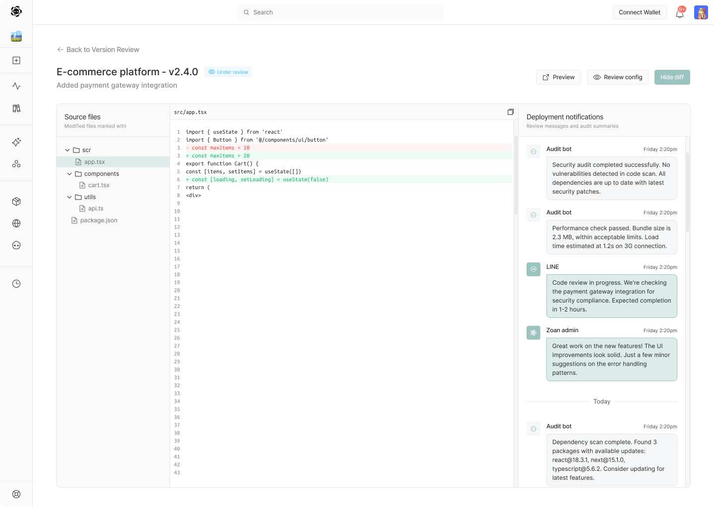 Zoan version details with code diff and deployment notifications
