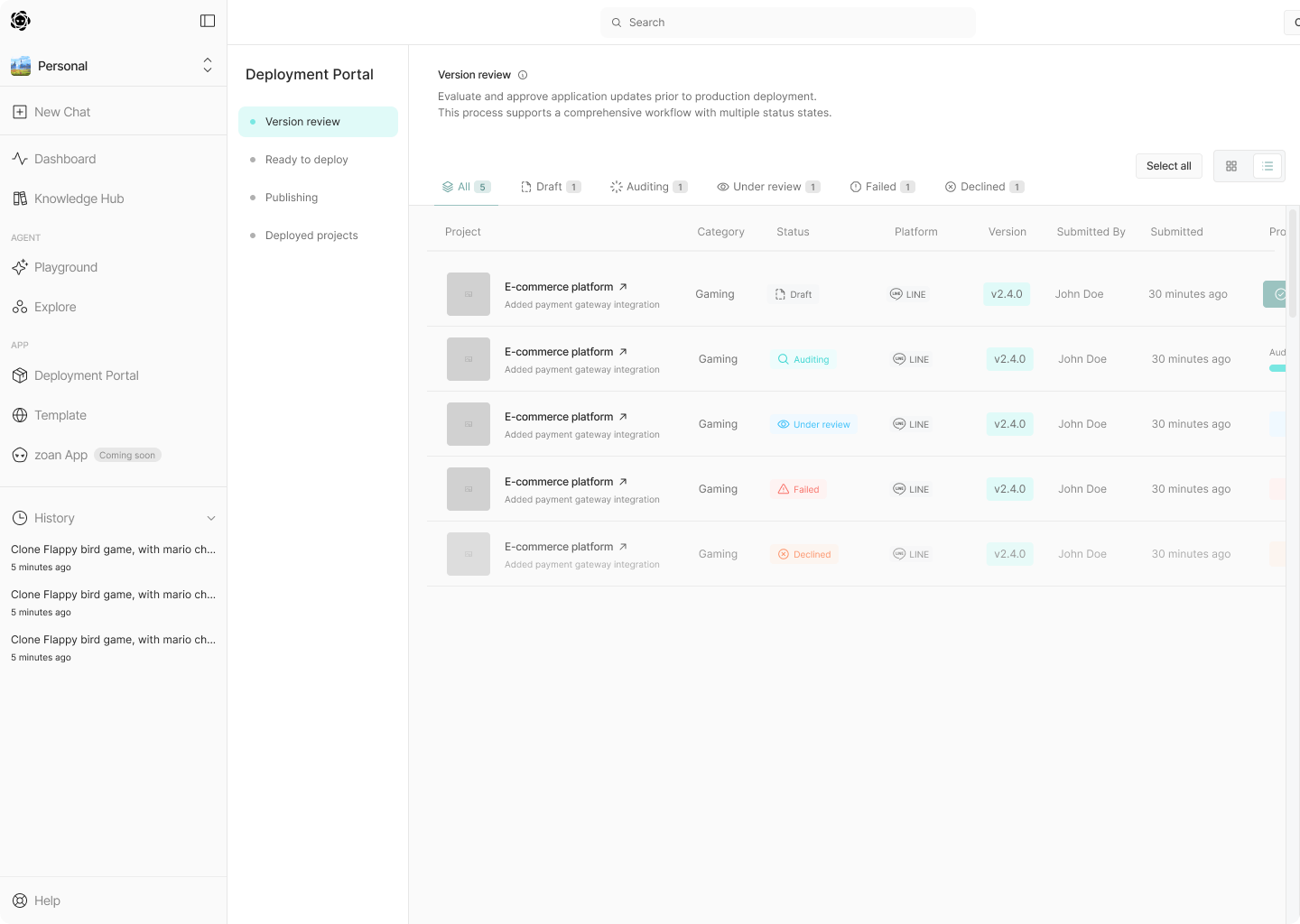 Zoan version review dashboard with lifecycle status filters